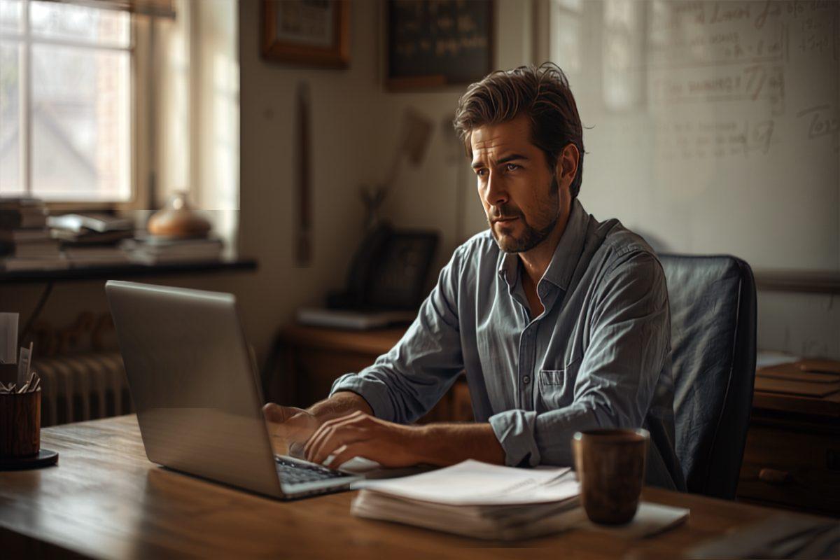 A small business owner at a wooden desk in warm window light, working at a laptop with a stack of printed paperwork beside him and a whiteboard on the wall behind