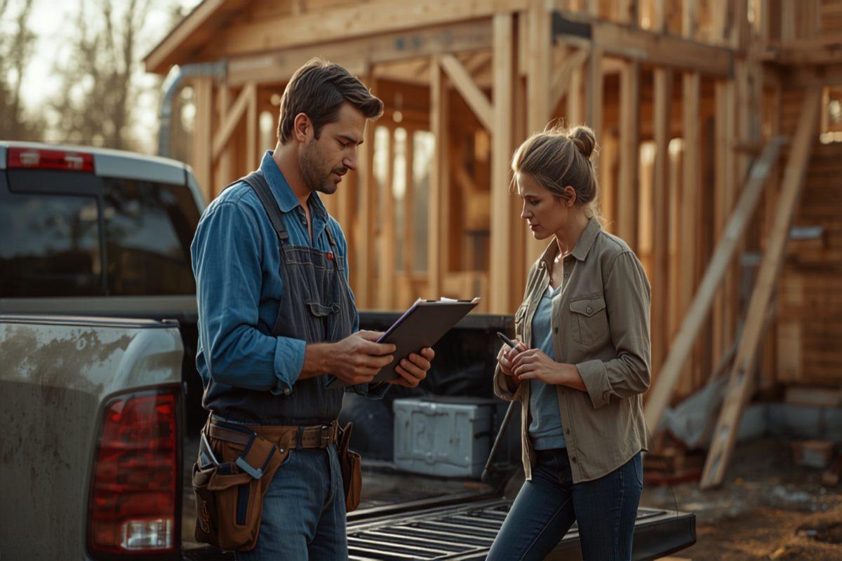 A contractor at the tailgate of his truck presenting a clipboard to a homeowner for signature, with the framing of a house under construction behind them