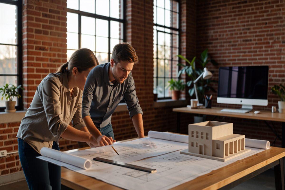 Two architects leaning over a drafting table covered in building drawings and a foam massing model in a sunlit studio with exposed brick walls