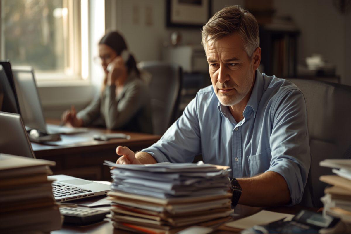 A mortgage loan officer at his desk reviewing a thick stack of printed loan files beside a laptop and calculator, with a colleague on the phone behind him