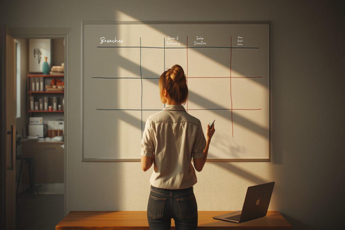 A business owner standing in a back office working through a whiteboard laid out by branch, with a laptop on the desk beside her and a second location's counter visible through the doorway