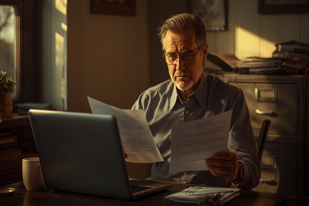 A small business owner reviewing a printed security checklist beside a laptop at his desk in warm window light