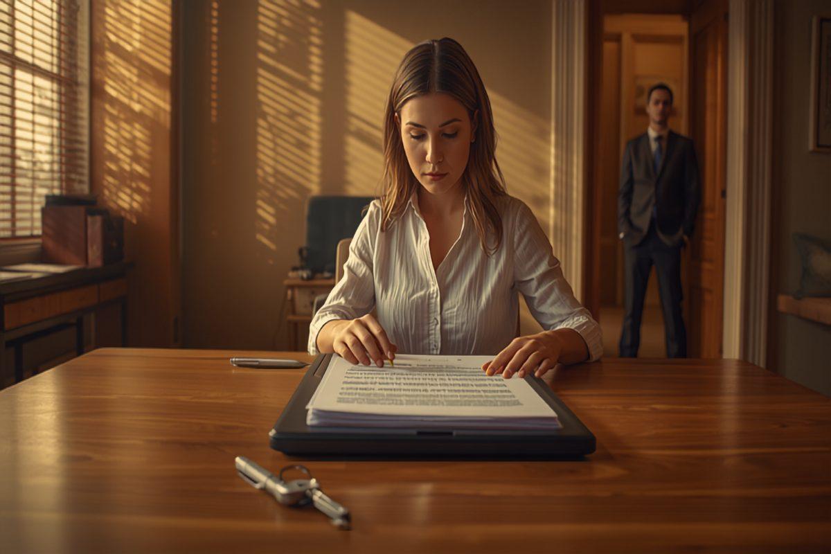 A closing coordinator at a conference room table reviewing a thick stack of printed settlement documents beside a set of house keys, with a colleague standing in the doorway behind her