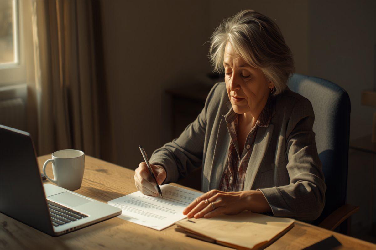 A small business owner reading the last page of a printed software development contract at her desk in warm window light